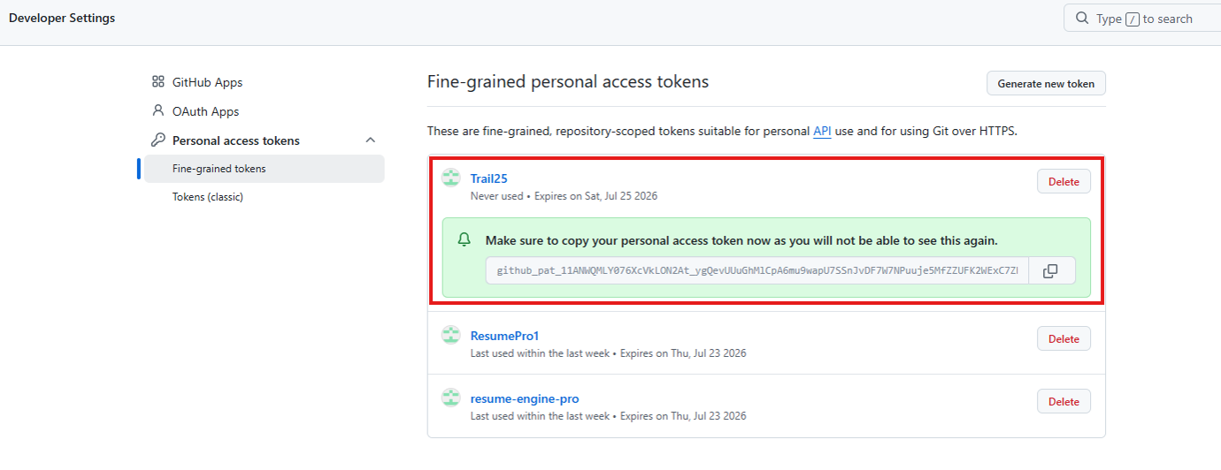 Copy your new token — shown only once